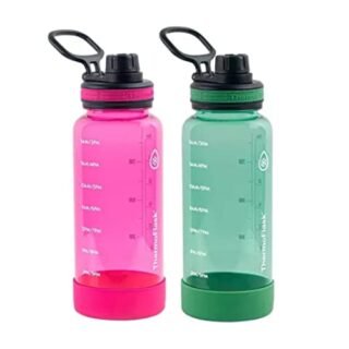 Thermoflask Premium Quality Motivational Water Bottle with Straw Lid with Times to Drink, BPA Free Tritan Plastic, 32 Ounce, 2-Pack, Orchid/Jadite