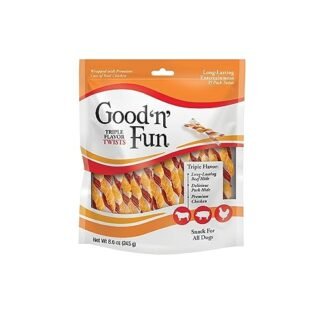 Good'n'Fun Triple Flavor Twists, Dog Chew Sticks, Premium Chicken and Beef Hide Treats for Dogs, 8.6 oz