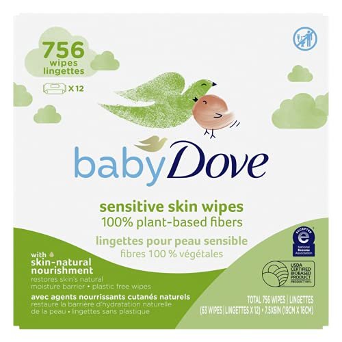 Baby Dove Baby Wipes for Sensitive Skin with 100% Plant-Based Fibers Hypoallergenic 63 Wipes 12 Pack