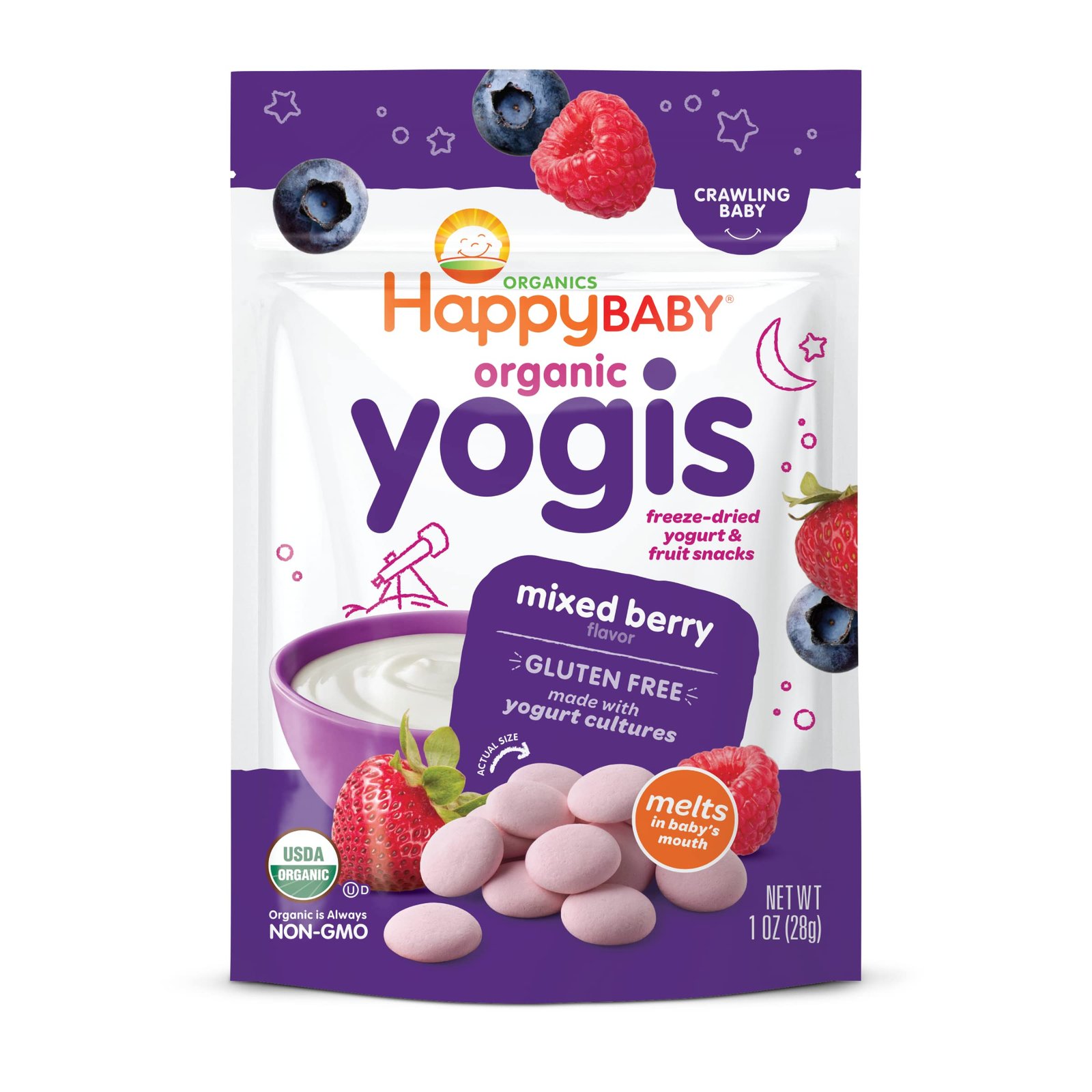 Happy Baby Organics Yogis Freeze-Dried Yogurt & Fruit Snacks, Mixed Berry, 1 Oz
